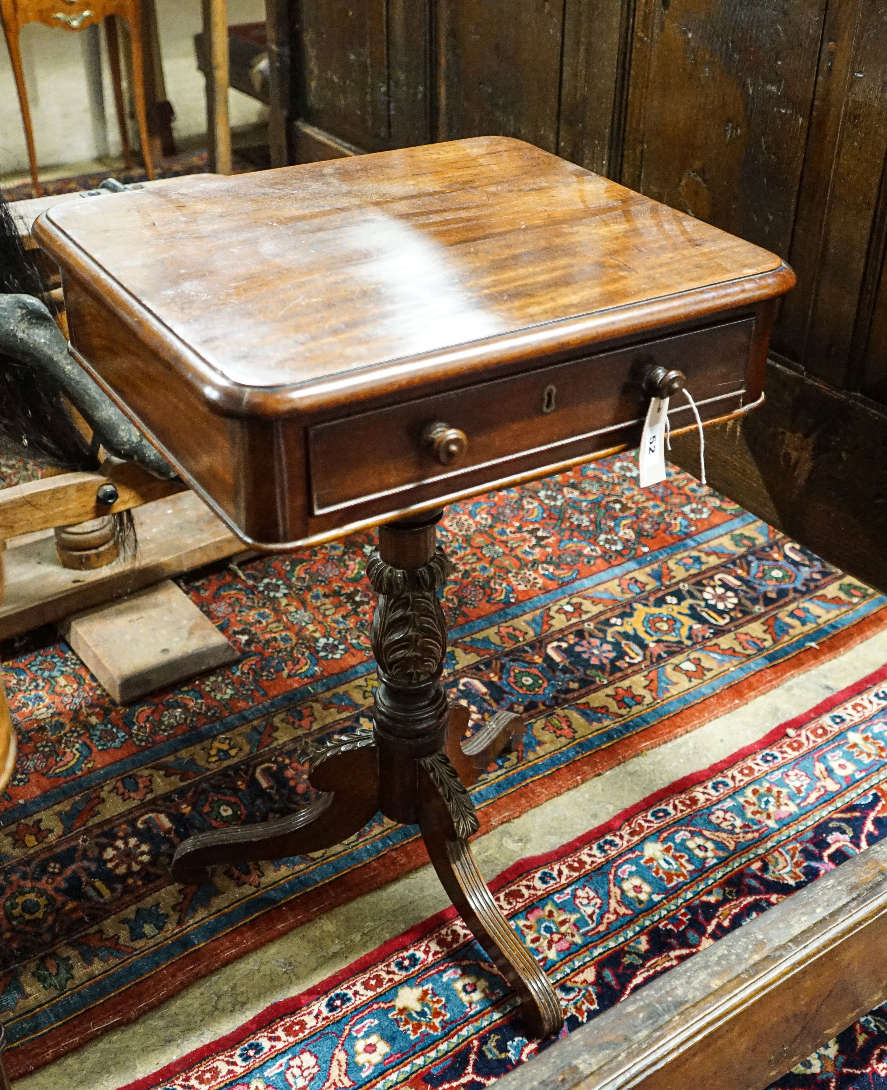 A Victorian square mahogany side table fitted single drawer, turned and carved single column on tripod base, width 49cm, depth 44cm, height 72cm